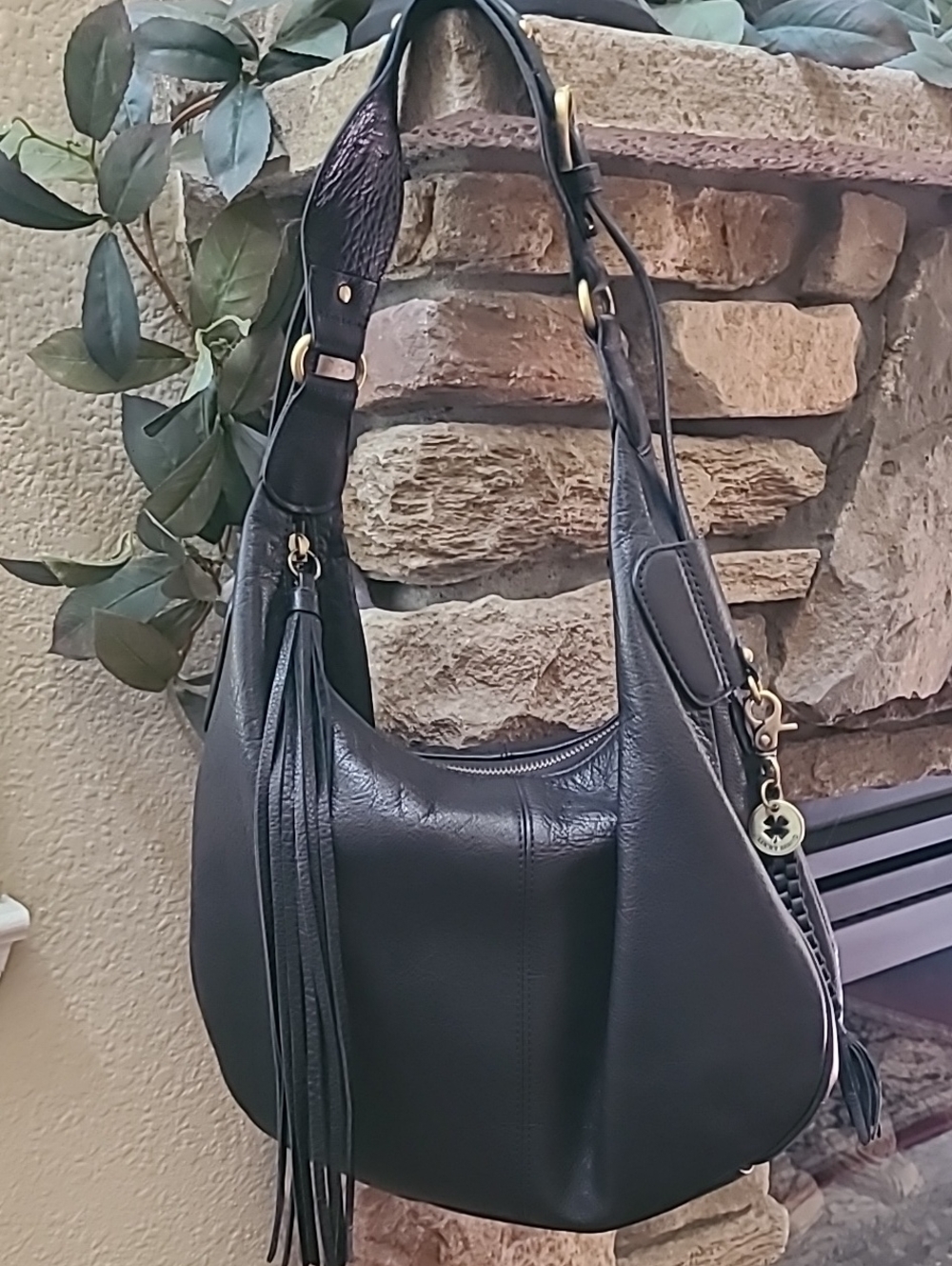 Lucky Brand Black Leather Hobo Shoulder Bag with Tassel